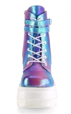 Demonia Shoes SHAKER-52 Purple Iridescent Platform Ankle Boots