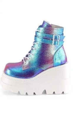 Demonia Shoes SHAKER-52 Purple Iridescent Platform Ankle Boots