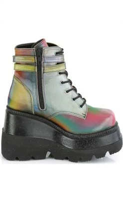 Demonia Shoes SHAKER-52 Rainbow Reflective Platform Ankle Boots
