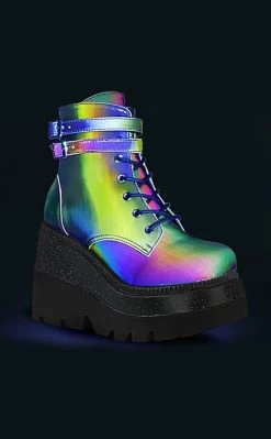 Demonia Shoes SHAKER-52 Rainbow Reflective Platform Ankle Boots