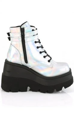 Demonia Shoes SHAKER-52 Silver Holographic Platform Ankle Boots