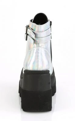 Demonia Shoes SHAKER-52 Silver Holographic Platform Ankle Boots