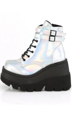Demonia Shoes SHAKER-52 Silver Holographic Platform Ankle Boots