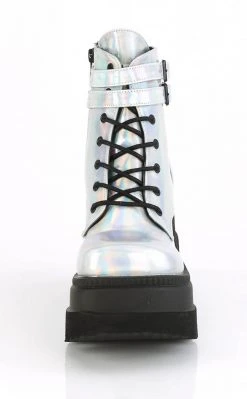 Demonia Shoes SHAKER-52 Silver Holographic Platform Ankle Boots