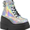 Demonia Shoes SHAKER-52 Silver Holographic Platform Ankle Boots