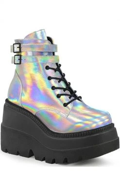 Demonia Shoes SHAKER-52 Silver Holographic Platform Ankle Boots