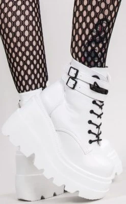Demonia Shoes SHAKER-52 White Vegan Leather Platform Ankle Boots (Au Stock) 11 Demonia Shoes SHAKER-52 White Vegan Leather Platform Ankle Boots (Au Stock)
