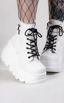 Demonia Shoes SHAKER-52 White Vegan Leather Platform Ankle Boots (Au Stock)