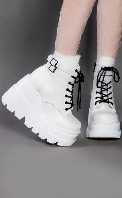 Demonia SHAKER-52 White Vegan Leather Platform Ankle Boots Shoes