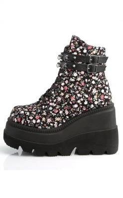 Demonia Shoes SHAKER-52ST Floral Fabric Platform Ankle Boots