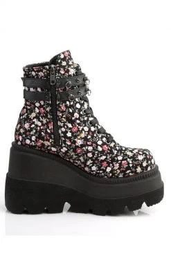 Demonia Shoes SHAKER-52ST Floral Fabric Platform Ankle Boots
