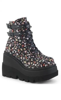 Demonia Shoes SHAKER-52ST Floral Fabric Platform Ankle Boots