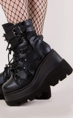 Demonia Shoes SHAKER-60 Black Vegan Leather Platform Ankle Boots