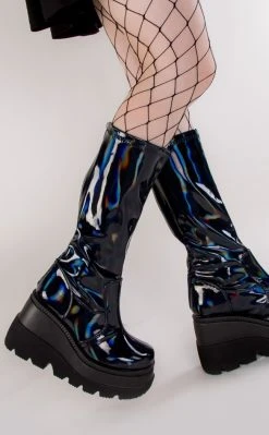Demonia Shoes SHAKER-65 Black Holographic Knee High Platform Boots