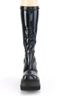 Demonia Shoes SHAKER-65 Black Holographic Knee High Platform Boots