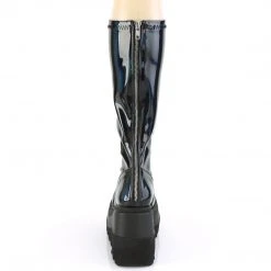 Demonia Shoes SHAKER-65 Black Holographic Knee High Platform Boots