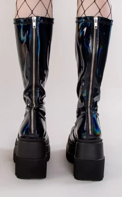 Demonia Shoes SHAKER-65 Black Holographic Knee High Platform Boots