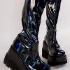 Demonia Shoes SHAKER-65 Black Holographic Knee High Platform Boots