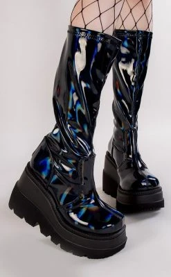 Demonia Shoes SHAKER-65 Black Holographic Knee High Platform Boots