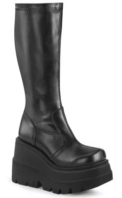 Demonia SHAKER-65 Black Vegan Leather Knee High Platform Boots (AU Stock) Shoes