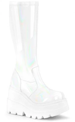 Demonia SHAKER-65 White Holographic Knee High Platform Boots