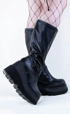 Demonia Plus Size SHAKER-65WC Black Vegan Leather Knee High Platform Boots | Wide Calf (Au Stock)