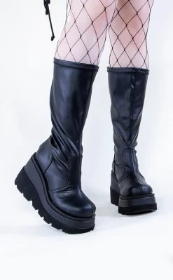 Demonia Plus Size SHAKER-65WC Black Vegan Leather Knee High Platform Boots | Wide Calf