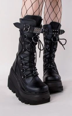 Demonia Shoes SHAKER-70 Black Vegan Leather Platform Boots
