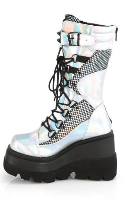 Demonia Shoes SHAKER-70 Silver Holographic Platform Boots
