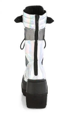 Demonia Shoes SHAKER-70 Silver Holographic Platform Boots
