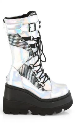 Demonia Shoes SHAKER-70 Silver Holographic Platform Boots