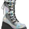 Demonia Shoes SHAKER-70 Silver Holographic Platform Boots