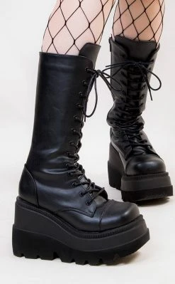 Demonia Shoes SHAKER-72 Black Vegan Leather Platform Boots