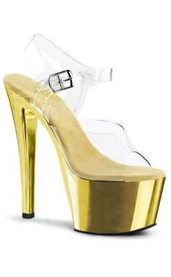 Pleaser Pole Shoes SKY-308 Clr/Gold Chrome Heels