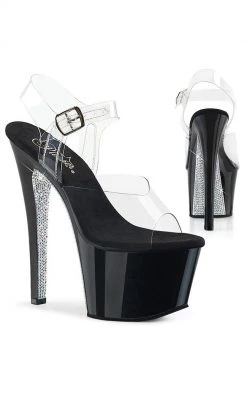 Pleaser SKY-308CRS Clr/Blk-Slv AB RSTN Heels