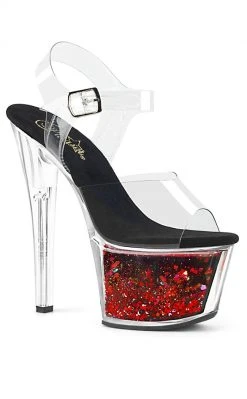 Pleaser SKY-308WHG Clr/Black/Red Glitter Pole Shoes