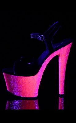 Pleaser Pole Shoes SKY-309UVLG Blk Pat/Neon H. Pink Glitter Heels