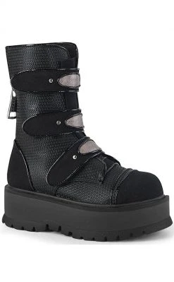 Demonia SLACKER-101 Black Vegan Leather & Canvas Platform Ankle Boots Platform Shoes