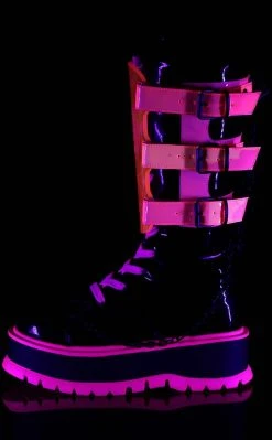 Demonia SLACKER-156 Black Patent & UV Pink Platform Boots Shoes