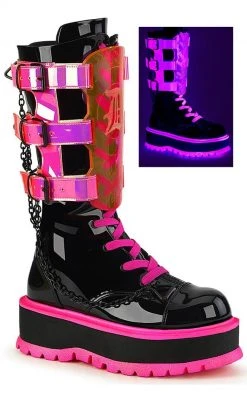 Demonia SLACKER-156 Black Patent & UV Pink Platform Boots Shoes