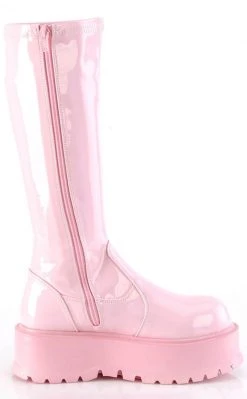 Demonia Shoes SLACKER-200 Baby Pink Patent Knee High Platform Boots