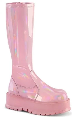 Demonia Shoes SLACKER-200 Baby Pink Patent Knee High Platform Boots