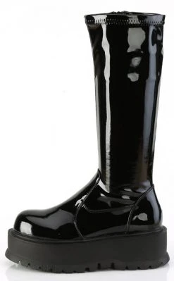 Demonia SLACKER-200 Black Patent Knee High Platform Boots