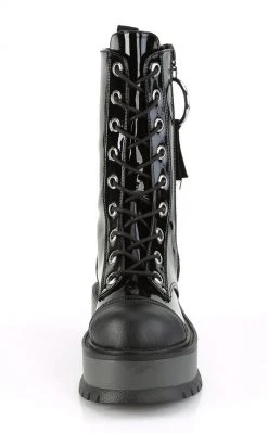 Demonia SLACKER-220 Black Patent Platform Ankle Boots (Outer Zip)