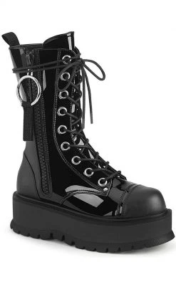 Demonia SLACKER-220 Black Patent Platform Ankle Boots (Outer Zip)