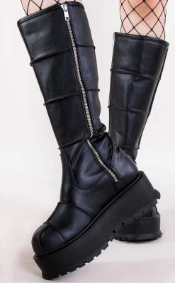 Demonia SLACKER-230 Black Vegan Leather Knee High Platform Boots Shoes