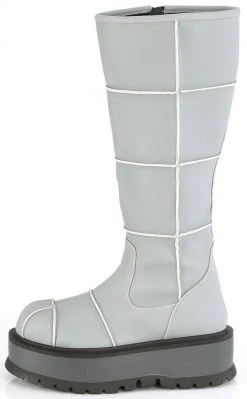 Demonia Shoes SLACKER-230 Grey Reflective Knee High Platform Boots