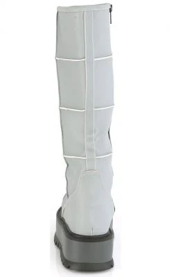 Demonia Shoes SLACKER-230 Grey Reflective Knee High Platform Boots