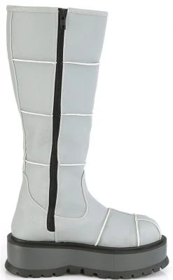 Demonia Shoes SLACKER-230 Grey Reflective Knee High Platform Boots