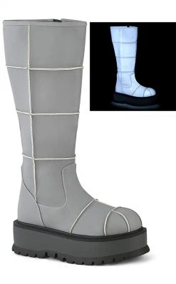 Demonia Shoes SLACKER-230 Grey Reflective Knee High Platform Boots